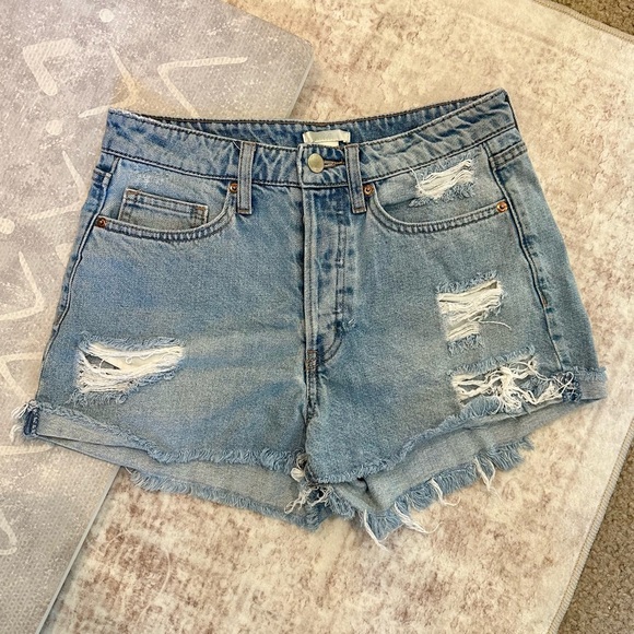 H&M Pants - High-Waist Distressed Denim Shorts - Light Blue